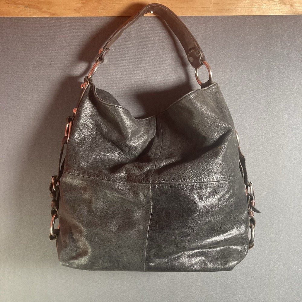 Tano Large Leather Slouchy Hobo Bag Brown Black Shoulder Bag Studded Grunge